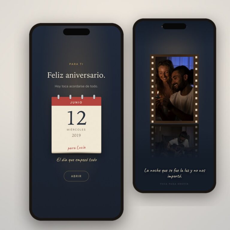 Regalo de aniversario en el móvil: el calendario abierto por el día en que empezasteis y vuestras fotos en una tira de película