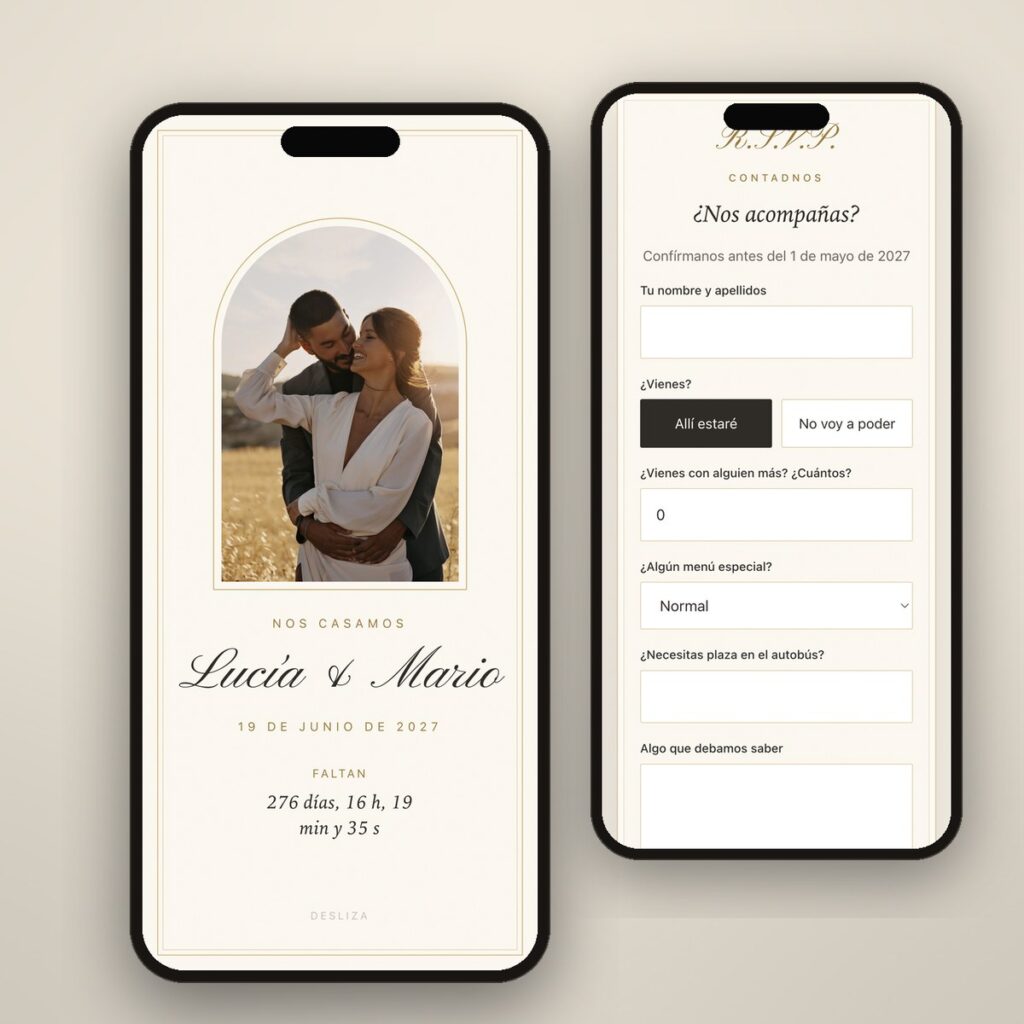 Invitación de boda digital con los nombres a plumilla y la foto en arco, junto a la tarjeta de confirmación R.S.V.P.