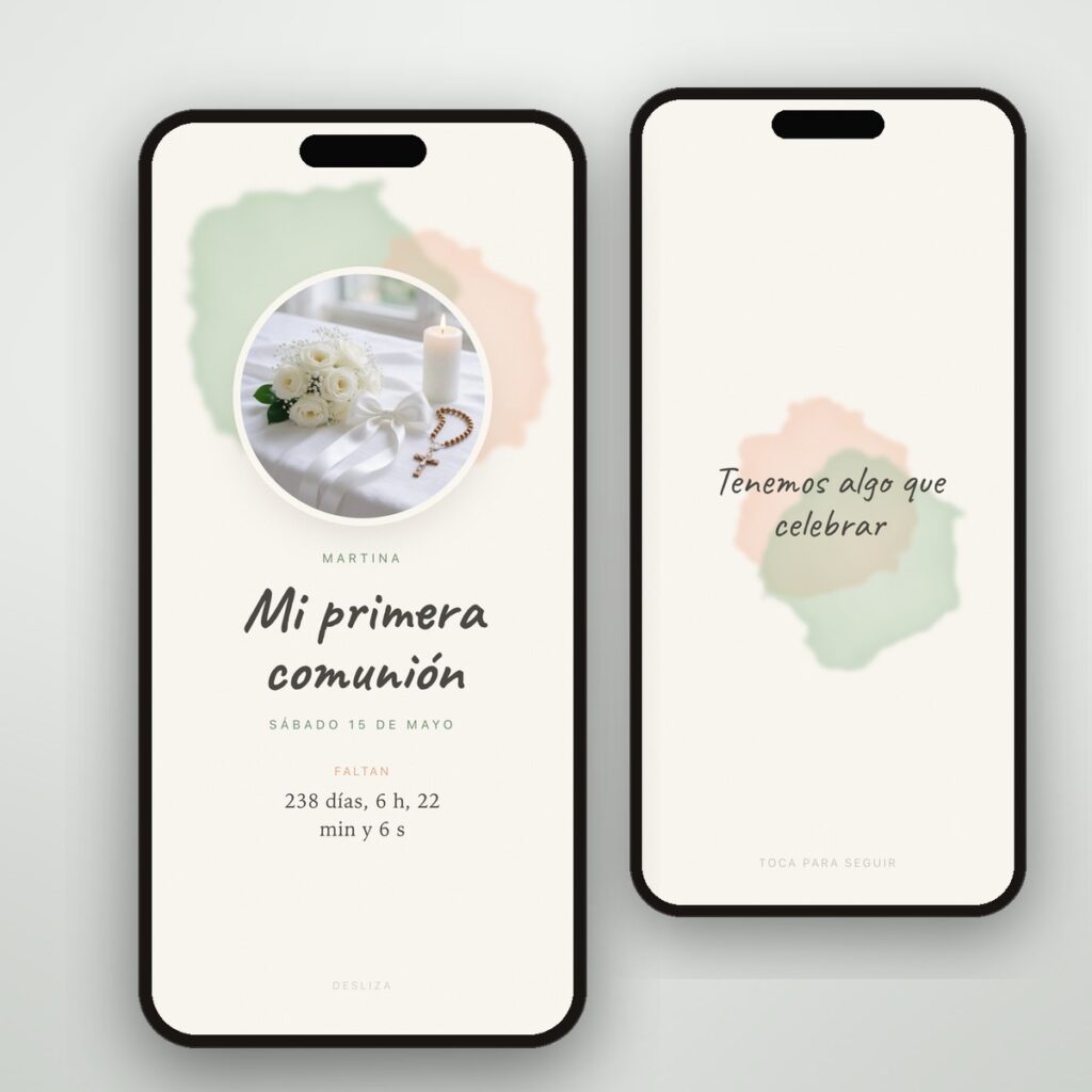 Invitación de primera comunión pintada a la acuarela, con la foto en un círculo y la cuenta atrás