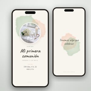 Invitación de primera comunión pintada a la acuarela, con la foto en un círculo y la cuenta atrás