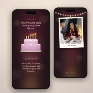 Regalo de cumpleaños digital en el móvil: una tarta con velas que se soplan y las fotos colgadas de una guirnalda de luces