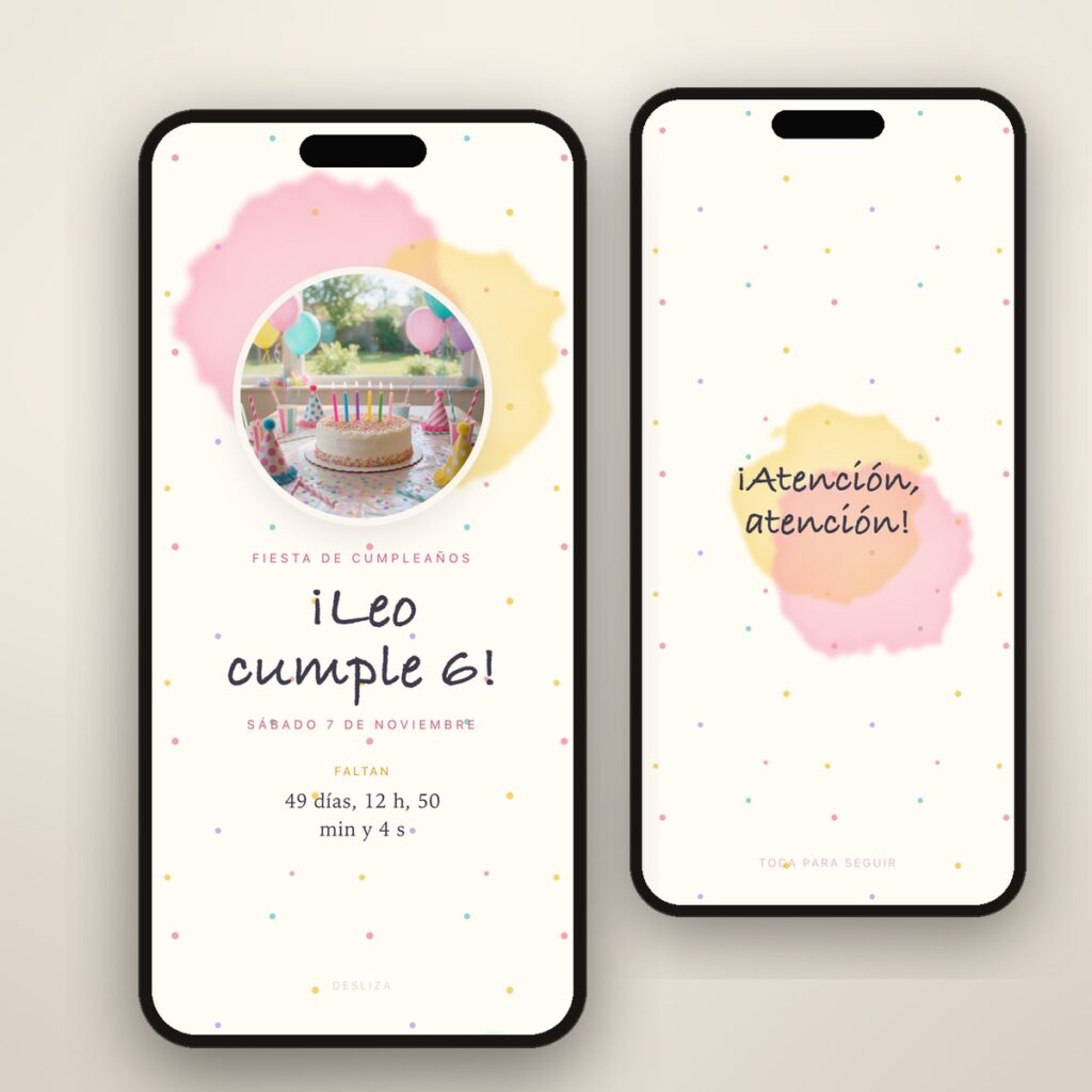 Invitación de cumpleaños infantil con confeti de colores, la foto de la tarta y la cuenta atrás