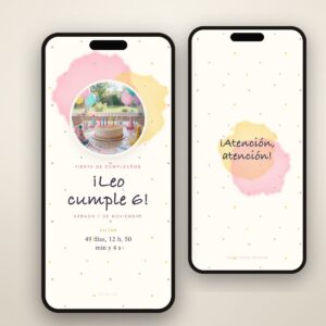 Invitación de cumpleaños infantil con confeti de colores, la foto de la tarta y la cuenta atrás