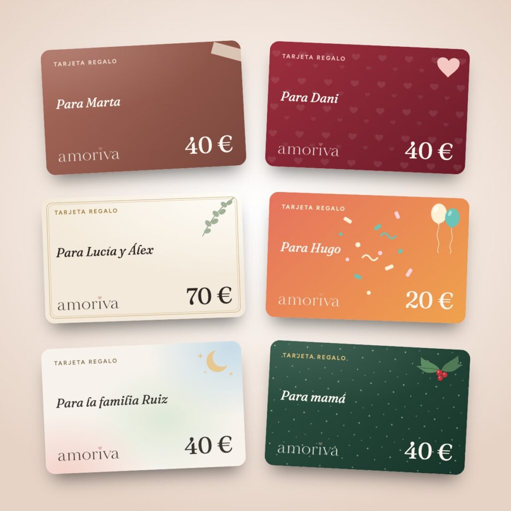 Los seis diseños de la tarjeta regalo de Amoriva: clásica, amor, boda, cumpleaños, bebé y Navidad