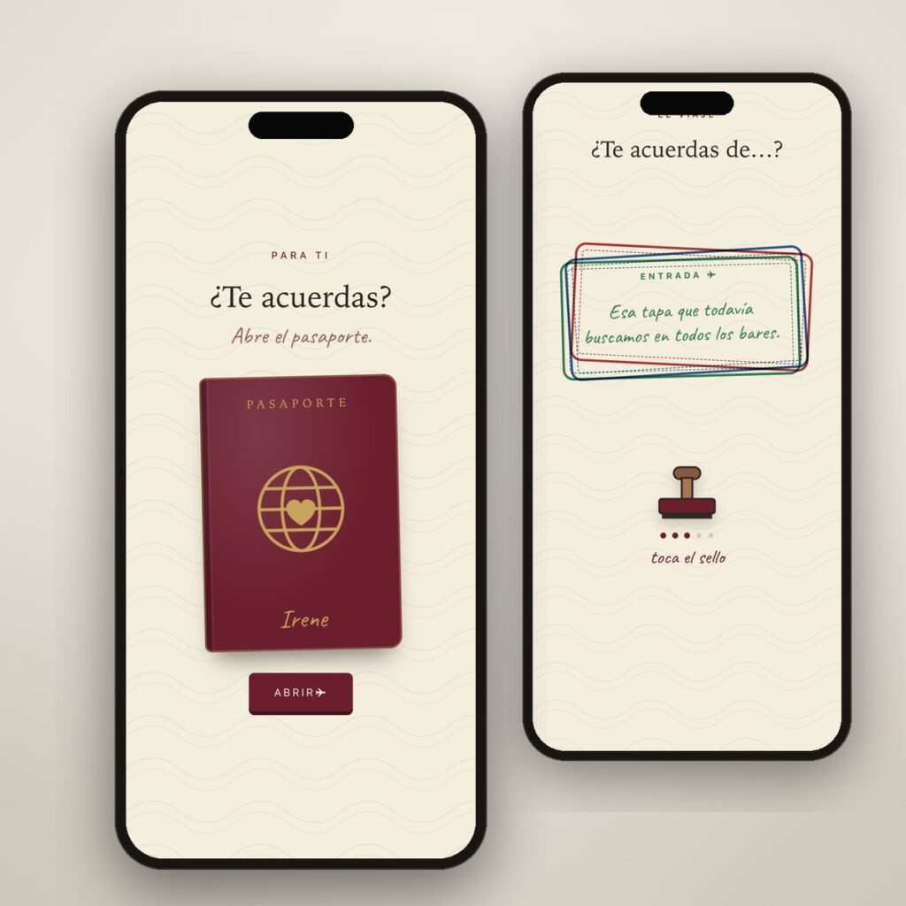 Regalo recuerdo de un viaje en el móvil: un pasaporte con su nombre y los recuerdos estampados como sellos